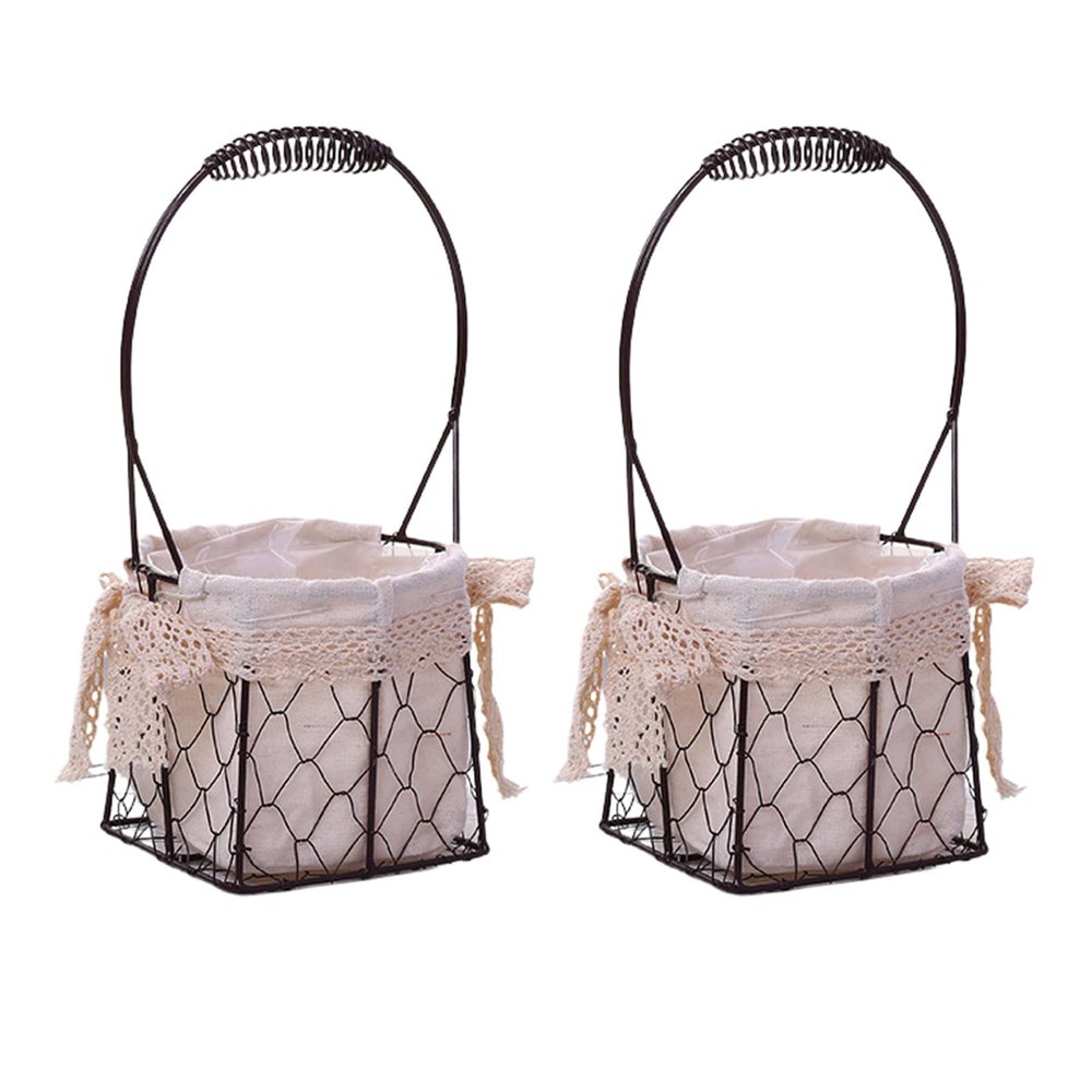 MEUMITY 2 PCS Iron Flower Basket,Fashion Handheld Metal Basket Wedding Flower Girl Basket Halloween Candy Basket Party Decoration Basket for Wedding Halloween Party Decoration,B
