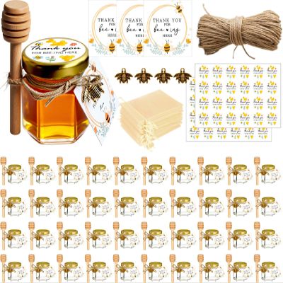 Adabocute Honey Pot, Mini Honey Jars with Wood Dipper, Gold Lid, Bee Pendants, Beige Gift Bags, Thanks for Beeing Here Tags, Ideal for Baby Showers & Wedding Favors, 40 Pack