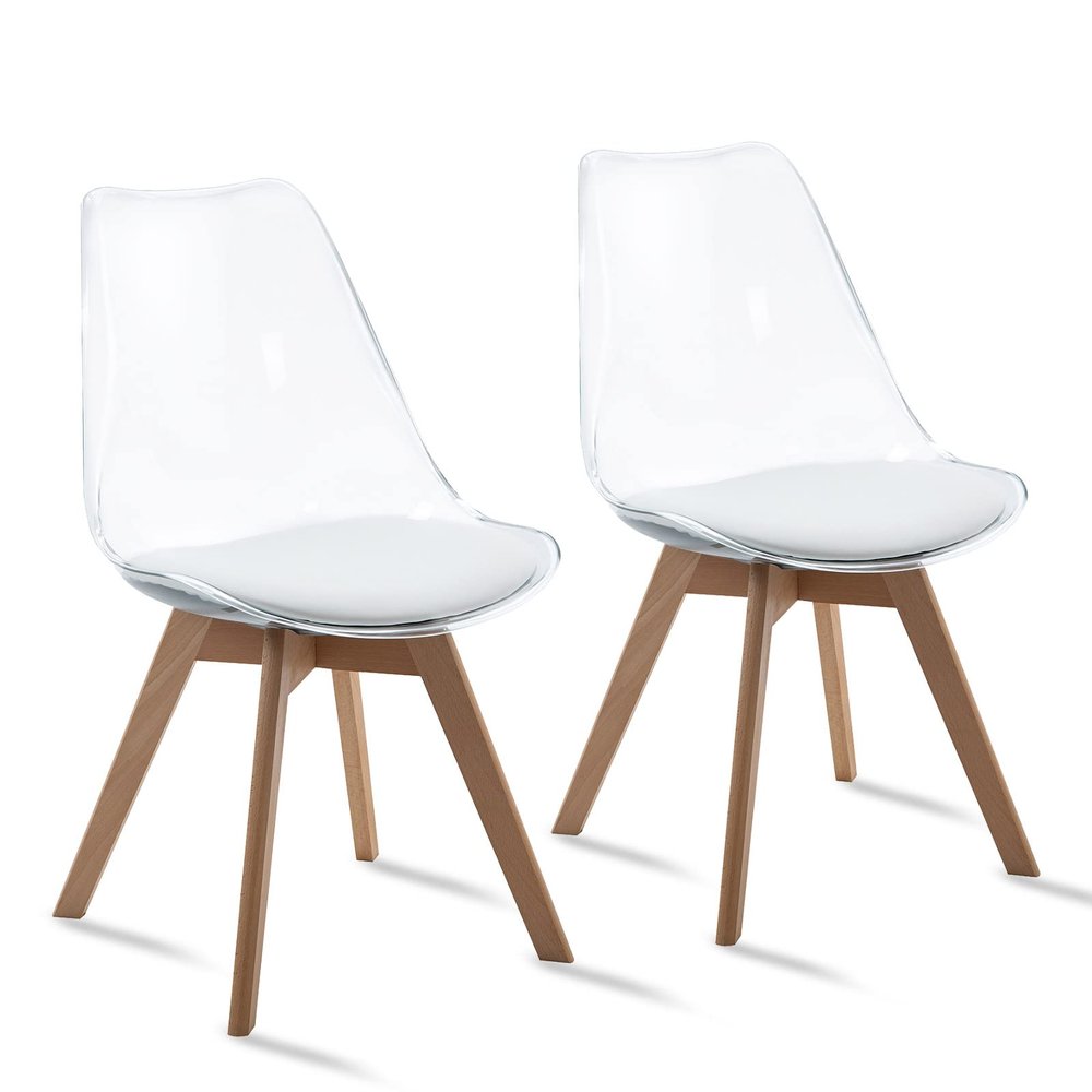 ANOUR Dining Chairs Set of 2, Modern Kitchen Clear Acrylic Accent Dinner Chairs with PU Leather Cushions Seat and Solid Beech Legs, Suitable for Living Room and Bedroom