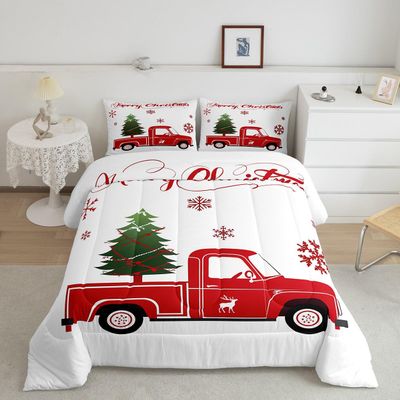 Christmas Truck Bedding Set King Size Christmas Tree Comforter Set Boys Girls Red Xmas Gift Snowflakes Bedding Comforter Sets for Teens Bedroom Decor Elk Deer Christmas Decorations Quilt Duvet Set