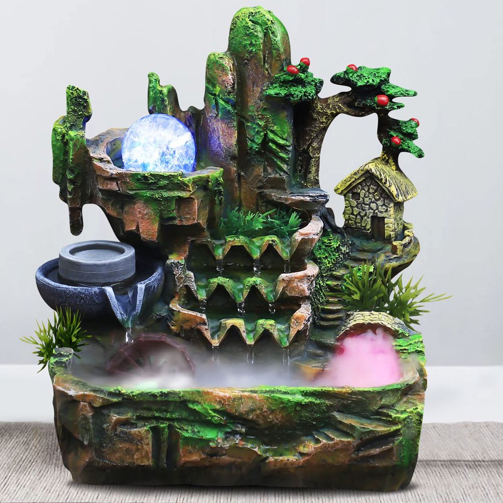 Rockery Fountain, Rockery Tabletop Fountain, Indoor Waterfall Feature with Automatic Pump, for Home Office Desk Decoration, Relaxation Desktop Fountain Waterfall with LED Lamp Atomization Effect
