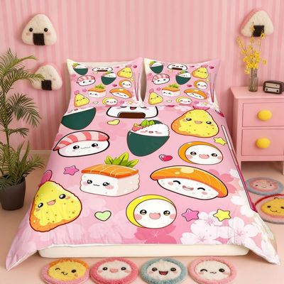 Sushi Pattern Duvet Cover Japanese-Style Bedding Set Food Theme Comforter Cover for Boys Girls Kids Room Decor Cute Sushi Lightweight Bedspread Cover Twin Size with 1 Pillow Case(No Comforter)