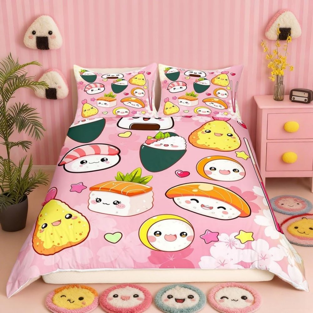 Sushi Pattern Duvet Cover Japanese-Style Bedding Set Food Theme Comforter Cover for Boys Girls Kids Room Decor Cute Sushi Lightweight Bedspread Cover Twin Size with 1 Pillow Case(No Comforter)