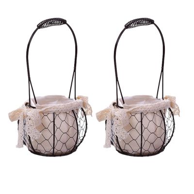 MEUMITY 2 PCS Iron Flower Basket,Fashion Handheld Metal Basket Wedding Flower Girl Basket Halloween Candy Basket Party Decoration Basket for Wedding Halloween Party Decoration,A