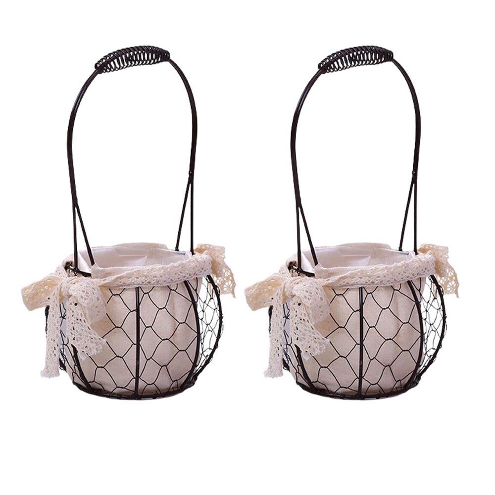 MEUMITY 2 PCS Iron Flower Basket,Fashion Handheld Metal Basket Wedding Flower Girl Basket Halloween Candy Basket Party Decoration Basket for Wedding Halloween Party Decoration,A