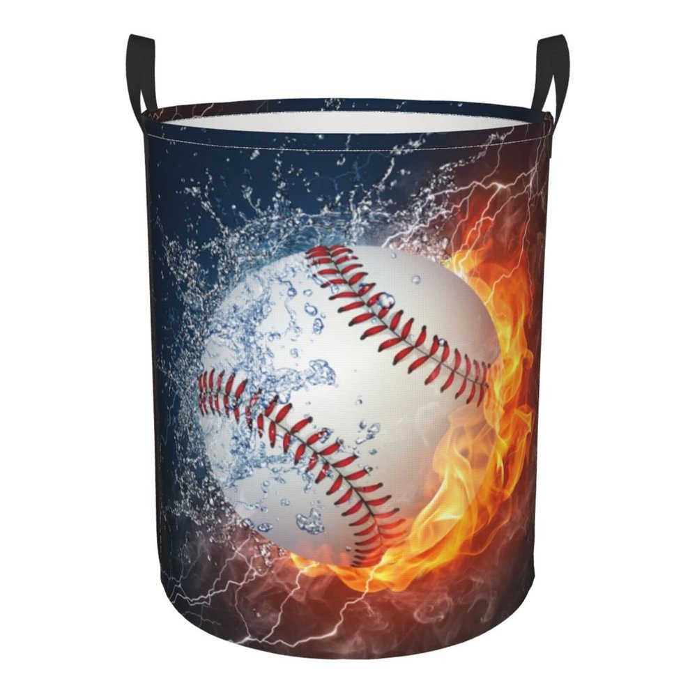 Baseball Laundry Basket for Boys, Small Collapsible Dirty Clothes Hampers for Sports Teens Girls Men Women Foldable Washing Bin with Handles, 19.6" x 15.7"