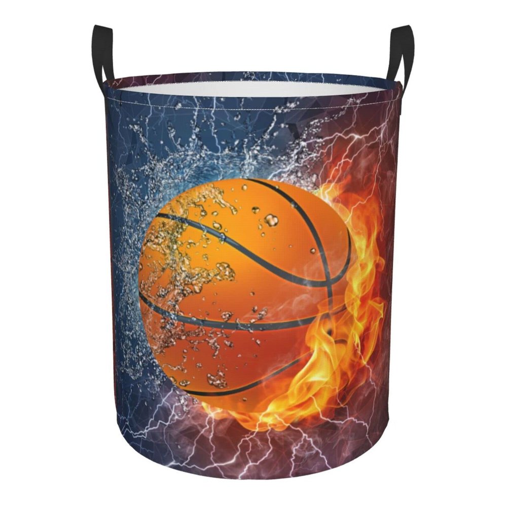 Basketball Laundry Hamper for Teen Boys, Men, Cool Laundry Basket with Fire & Water Pattern Printed, Sports Foldable Dirty Clothes Hampers for Laundry Bedroom Kitchen, Small Capacity 16.5"x13.8"
