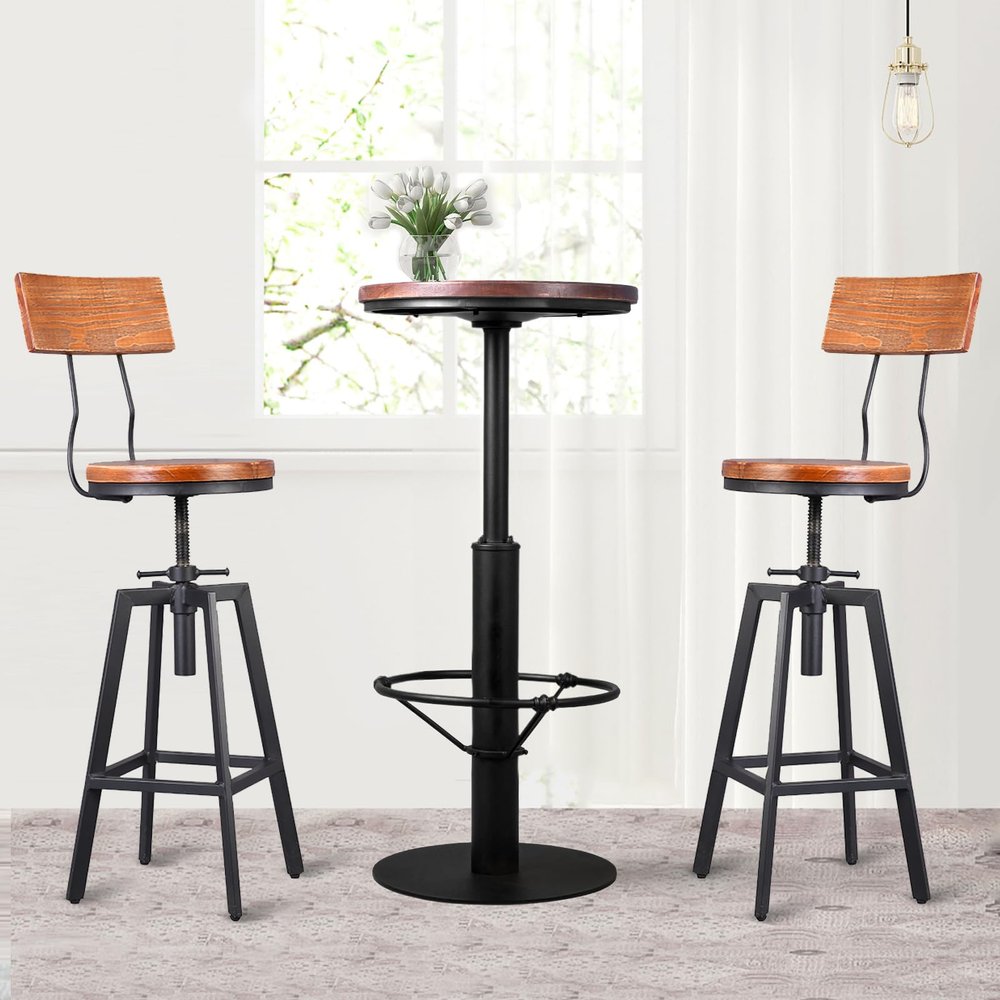 BOKKOLIK Industrial High Top Pub Table with Chairs Vintage 3 Pieces Coffee Table Set Rustic Bar Table and Stools for Kitchen Office Patio Swivel Height Adjustable