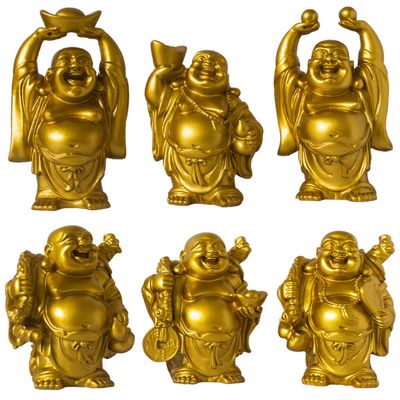 Addune Set of 6 Laughing Happy Buddha Statue Resin Figurines Feng Shui for Luck Wealth Good Gift and Collection (4.5'', Gold)