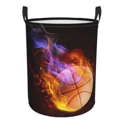 Boys Laundry Hampers Fire Basketball Pattern Printed, Cool Sports-Themed Dirty Clothes Basket for Bedroom, Foldable Small Storage Organizer for Toy Collection, 19.6 x 15.7 Inch