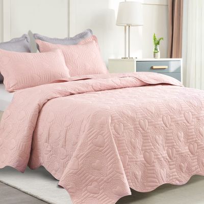 Auemtyn Full/Queen Size Quilt Set 3 Pieces, Soft Lightweight Summer Bedspread, Reversible Microfiber Bed Coverlet for All Seasons, Light Pink, Heart Pattern (1 Quilt, 2 Pillow Shams)