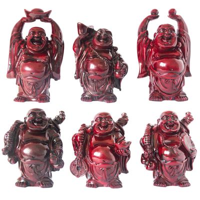 Addune Set of 6 Laughing Happy Buddha Statue Resin Figurines Feng Shui for Luck Wealth Good Gift and Collection (4.5'', Dark red)