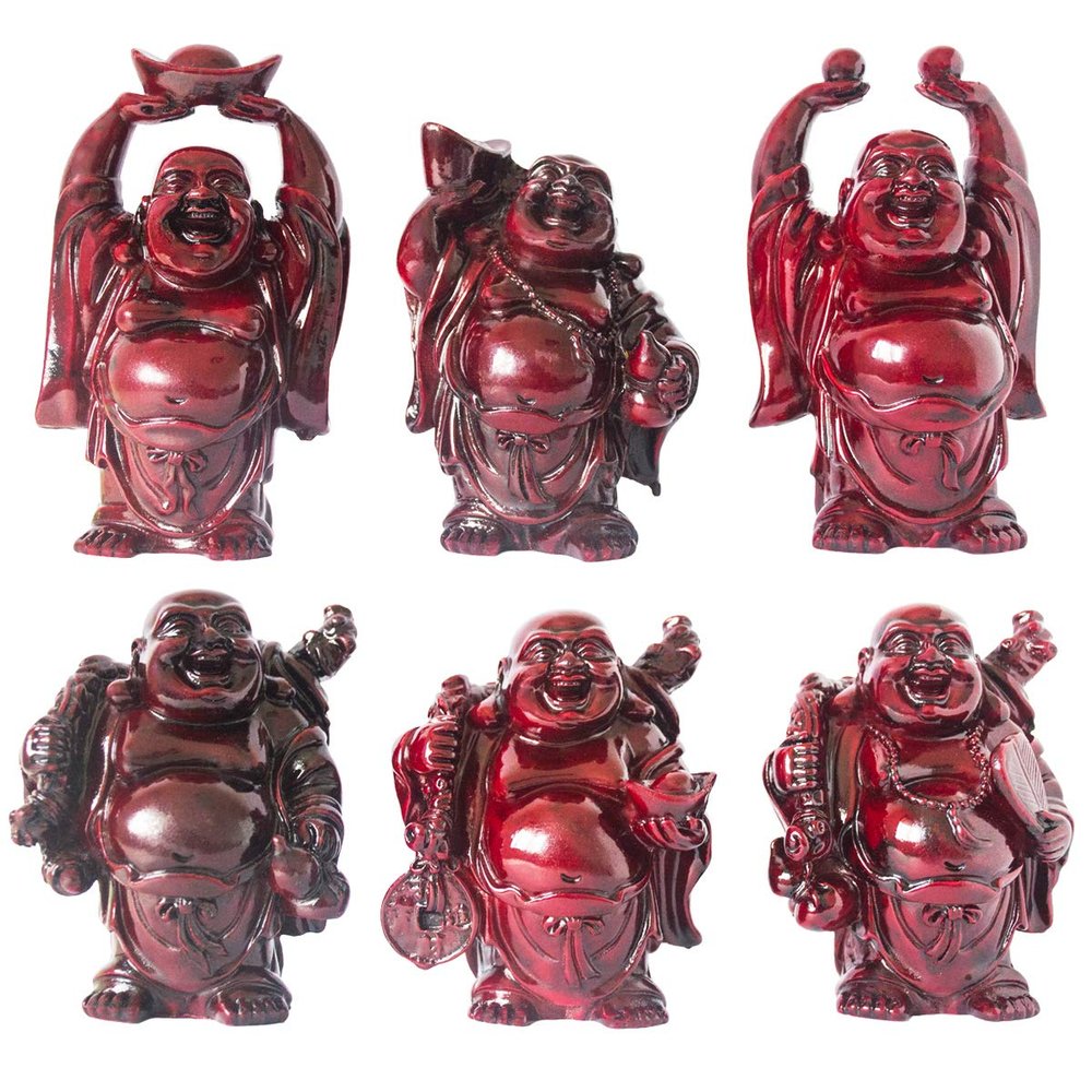Addune Set of 6 Laughing Happy Buddha Statue Resin Figurines Feng Shui for Luck Wealth Good Gift and Collection (4.5'', Dark red)