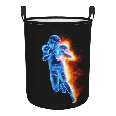 Black Laundry Basket with Blue Football Man Pattern, Sports Clothes Hampers for Teens Boys Men's Room, Collapsible Dirty Clothes Baket with Handles for Laundry Bedroom Kitchen, Small 16.5"x13.8"