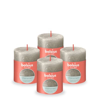 Bolsius Rustic Pillar Candle - Shimmer Champagne Silver - Pack of 4 - Long Burning Time of 35 Hours - Household Candle - Interior Decoration - Unscented - Natural Vegan Wax - No Palm Oil - 8 x 7 cm