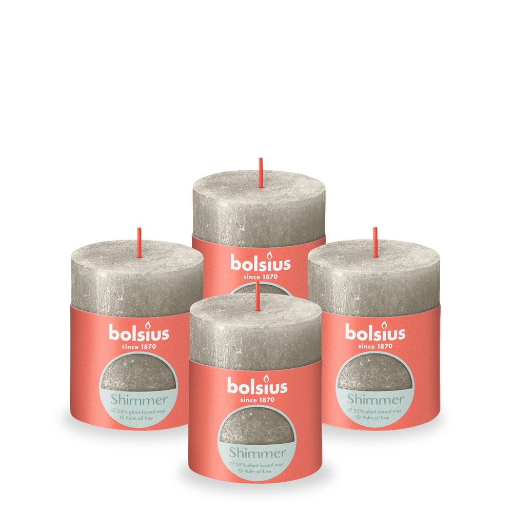 Bolsius Rustic Pillar Candle - Shimmer Champagne Silver - Pack of 4 - Long Burning Time of 35 Hours - Household Candle - Interior Decoration - Unscented - Natural Vegan Wax - No Palm Oil - 8 x 7 cm