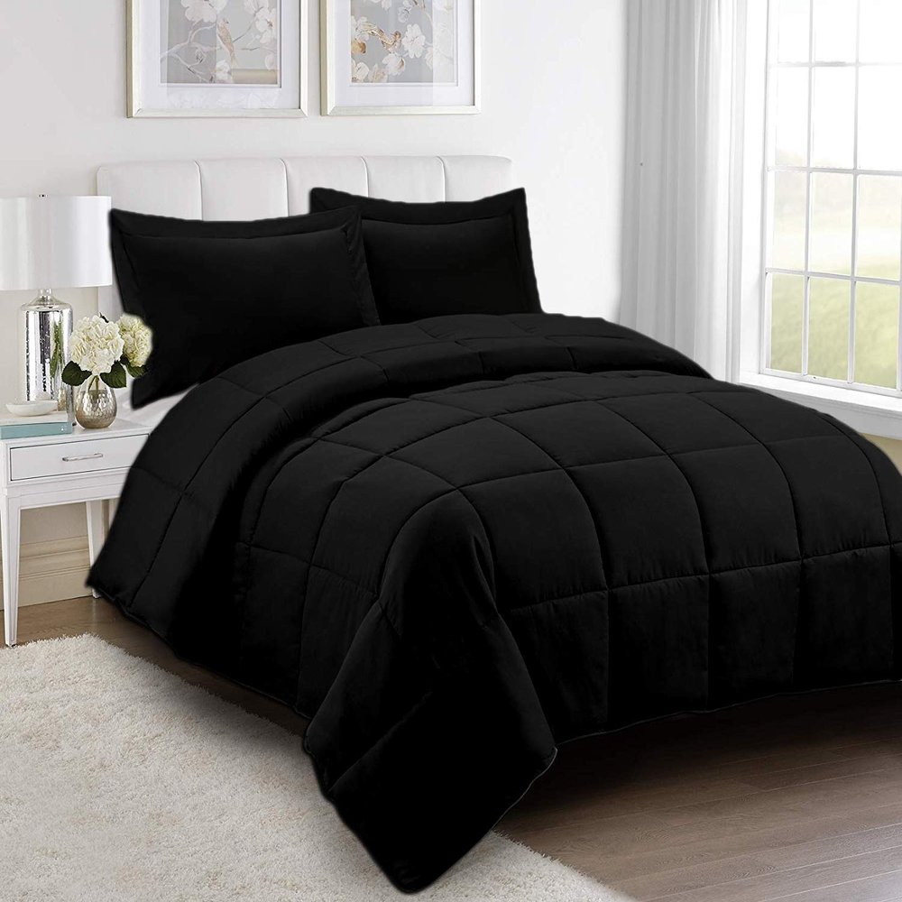 100% Organic Cotton 3 Pieces Comforter Sets Hotel Quality 400 GSM 800TC (1pc Comforter Box Stitch & 2pc Pillow Shams) (Black Solid Regular King Size(90"X102") Inch,