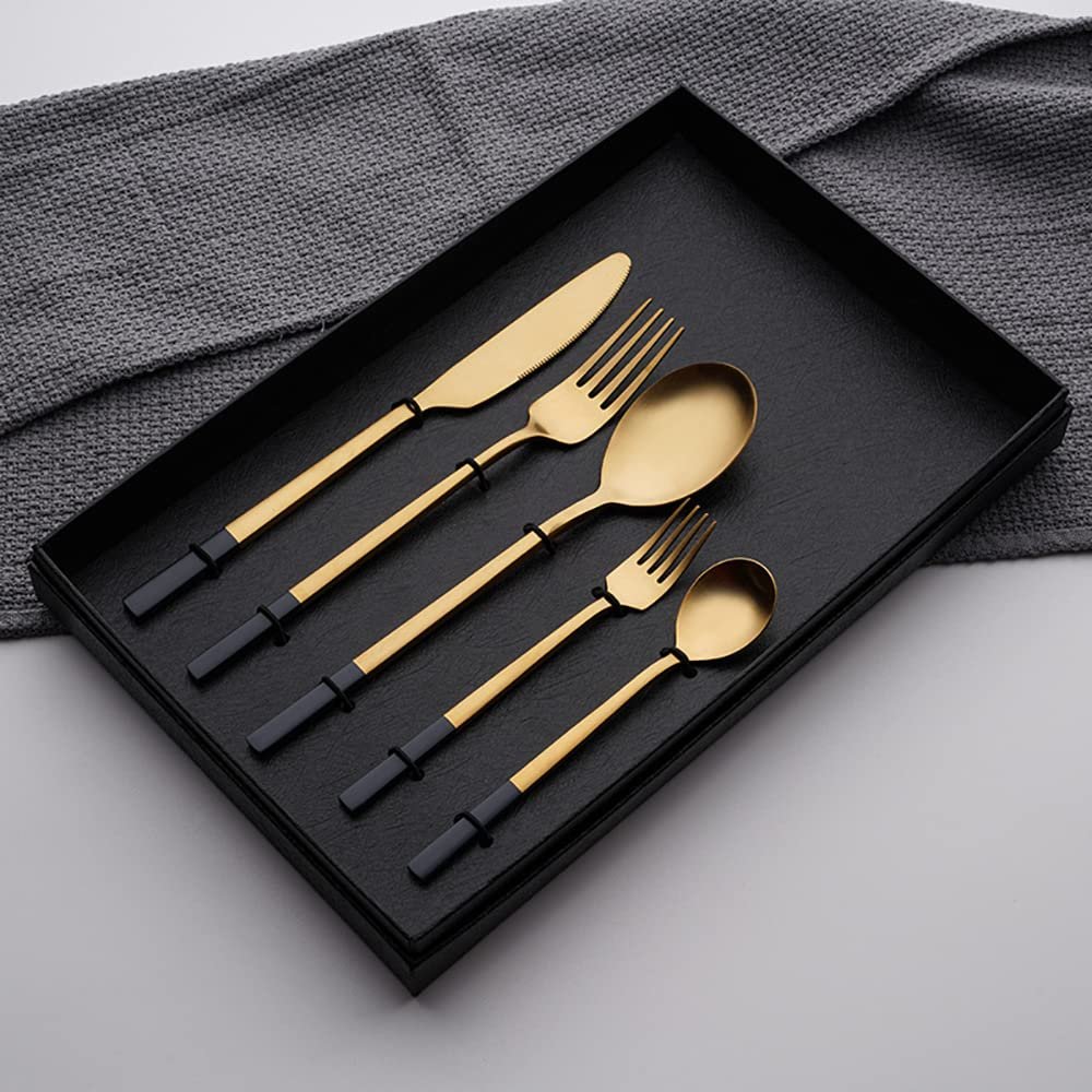 Flatware Sets 20 Piece Black Gold Silverware Set for 4 Home Kitchen Set for Cutlery Include Knife Fork Spoon Dessert Spoon and fork
