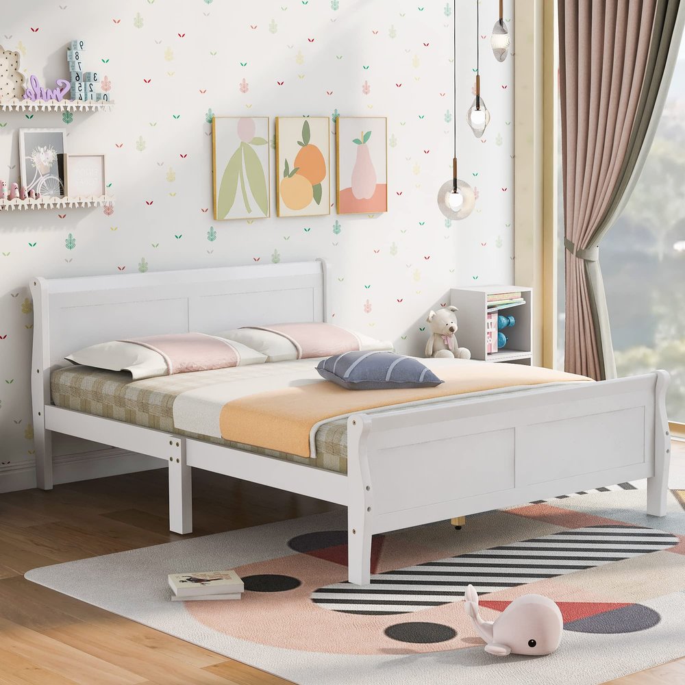 Merax Full Size Platform Bed with Headboard, Wood Full Platform Bed Frame, Wood Slat Support, White