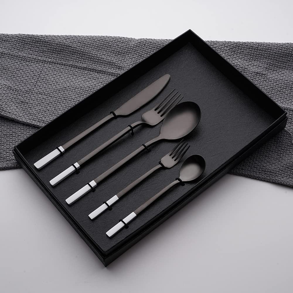 Flatware Sets 20 Piece White Black Silverware Set for 4 Home Kitchen Set for Cutlery Include Knife Fork Spoon Dessert Spoon and fork