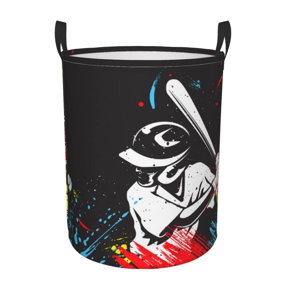 Black Sports Laundry Basket for Boys Room, Collapsible Portable Laundry Hampers with a Playing Baseball Man Pattern, Durable Washing Bin Dirty Clothes Baskets Storage for Boys Girls Bedroom, Large