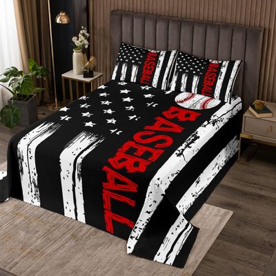 Baseball Bedspread Set Sports Quilt Set for Boys Kids Teens USA Flag Coverlet Queen Size 3pcs Baseball Print Bedding Set Geometric Stripe Bed Cover with 2 Pillow Sham Breathable Vintage Home Decor