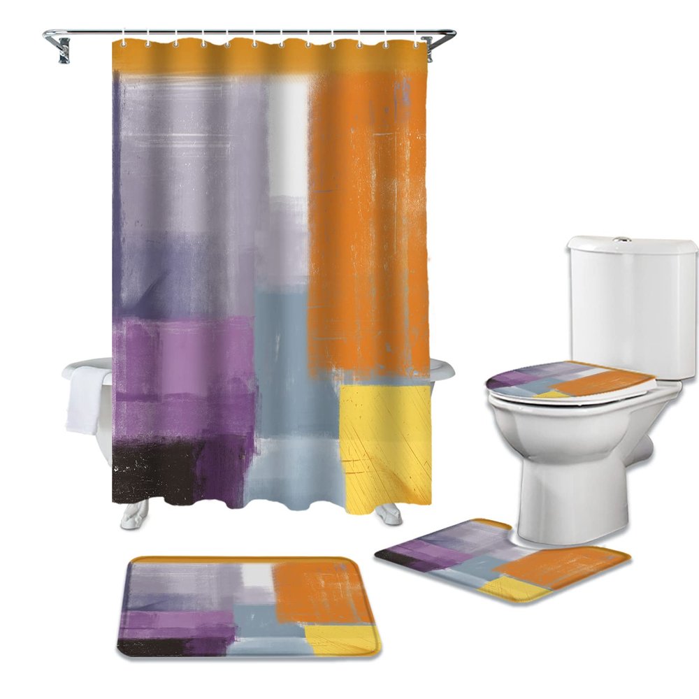 YESOF66 4PCS Bathroom Mat Sets,Abstract Painting Art Style Purple Orange Grey Yellow Bathroom Decor Shower Curtain Bath Mat Non-Slip Toilet Seat Cover Bathroom Mat 66x72in&Large Rugs