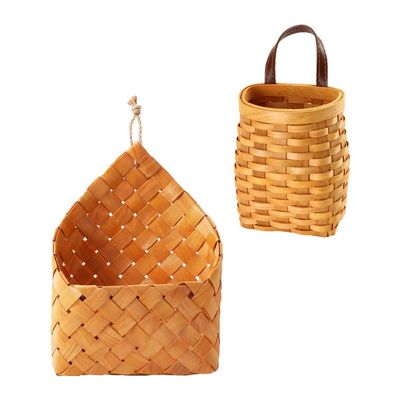 Hemoton 2pcs Wall Hanging Woven Storage Basket Multipurpose Decorative Container for Dried Flowers Fruits and Snacks Handmade Handles Honey Color