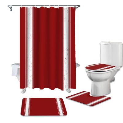 YESOF66 4PCS Bathroom Mat Sets,Christmas Red Stripe Bathroom Decor Shower Curtain Bath Mat Non-Slip Toilet Seat Cover Bathroom Mat 72x72in&Small Rugs