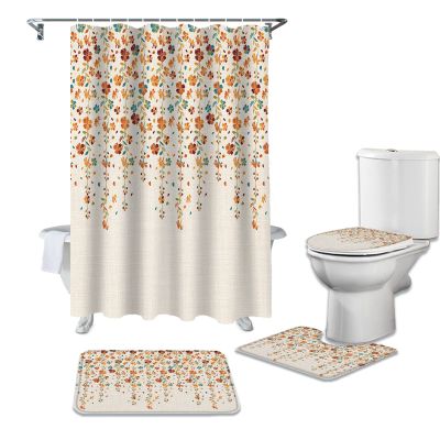YESOF66 4PCS Bathroom Mat Sets,Flower Orange Blue Cherry Blossoms Cotton Linen Background Bathroom Decor Shower Curtain Bath Mat Non-Slip Toilet Seat Cover Bathroom Mat 72x72in&Small Rugs