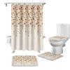 YESOF66 4PCS Bathroom Mat Sets,Flower Orange Blue Cherry Blossoms Cotton Linen Background Bathroom Decor Shower Curtain Bath Mat Non-Slip Toilet Seat Cover Bathroom Mat 72x72in&Small Rugs view 1