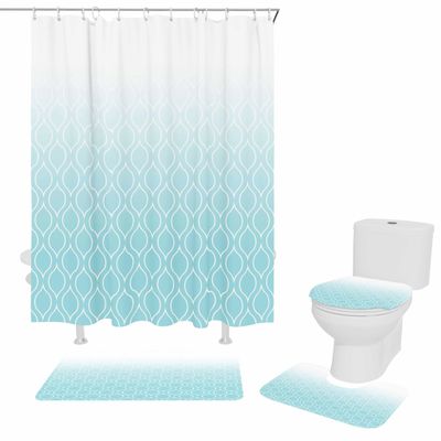 YESOF66 4PCS Bathroom Mat Sets,Blue White Ombre Geometric Trellis Morrocan Bathroom Decor Shower Curtain Bath Mat Non-Slip Toilet Seat Cover Bathroom Mat 72x72in&Large Rugs