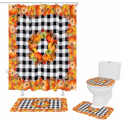 YESOF66 4PCS Bathroom Mat Sets,Thanksgiving Autumn Pumpkin Black and White Plaid Bathroom Decor Shower Curtain Bath Mat Non-Slip Toilet Seat Cover Bathroom Mat 72x72in&Large Rugs