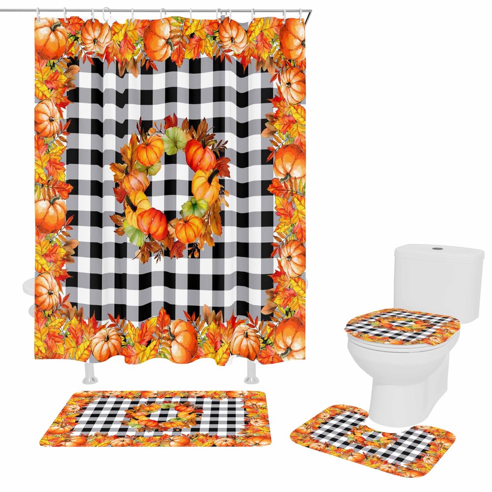 YESOF66 4PCS Bathroom Mat Sets,Thanksgiving Autumn Pumpkin Black and White Plaid Bathroom Decor Shower Curtain Bath Mat Non-Slip Toilet Seat Cover Bathroom Mat 72x72in&Large Rugs