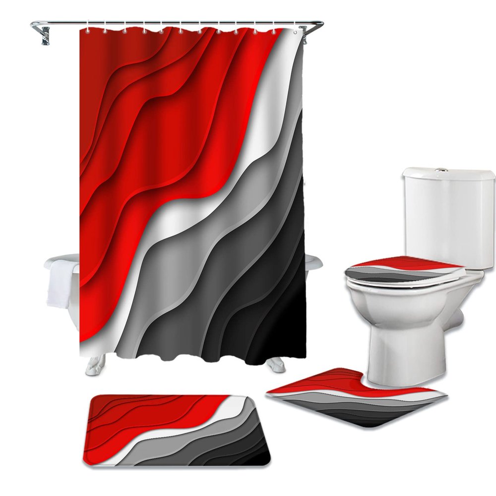 YESOF66 4PCS Bathroom Mat Sets,Abstract Beach Aesthetic Grey to Red Gradient Bathroom Decor Shower Curtain Bath Mat Non-Slip Toilet Seat Cover Bathroom Mat 36x72in&Large Rugs