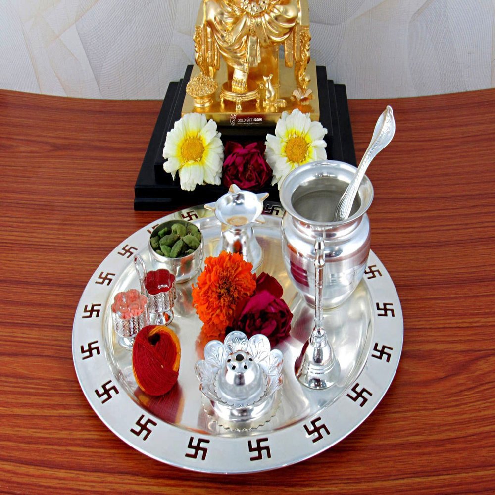 9 Inch New Swastik Silver Plated Pooja Thali Set, Occasional Gifts, Pooja Thali Decorative, Wedding Gift by Indian Collectible