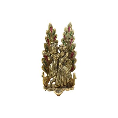 Dancing Peacock Design Radhe Krishna Idol for Gift (Gold Plated), Radha-Vallabh Statue with Diya for Pooja, Spiritual Gift Item, Figurine Showpiece by Indian Collectible