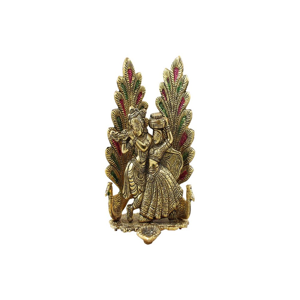 Dancing Peacock Design Radhe Krishna Idol for Gift (Gold Plated), Radha-Vallabh Statue with Diya for Pooja, Spiritual Gift Item, Figurine Showpiece by Indian Collectible