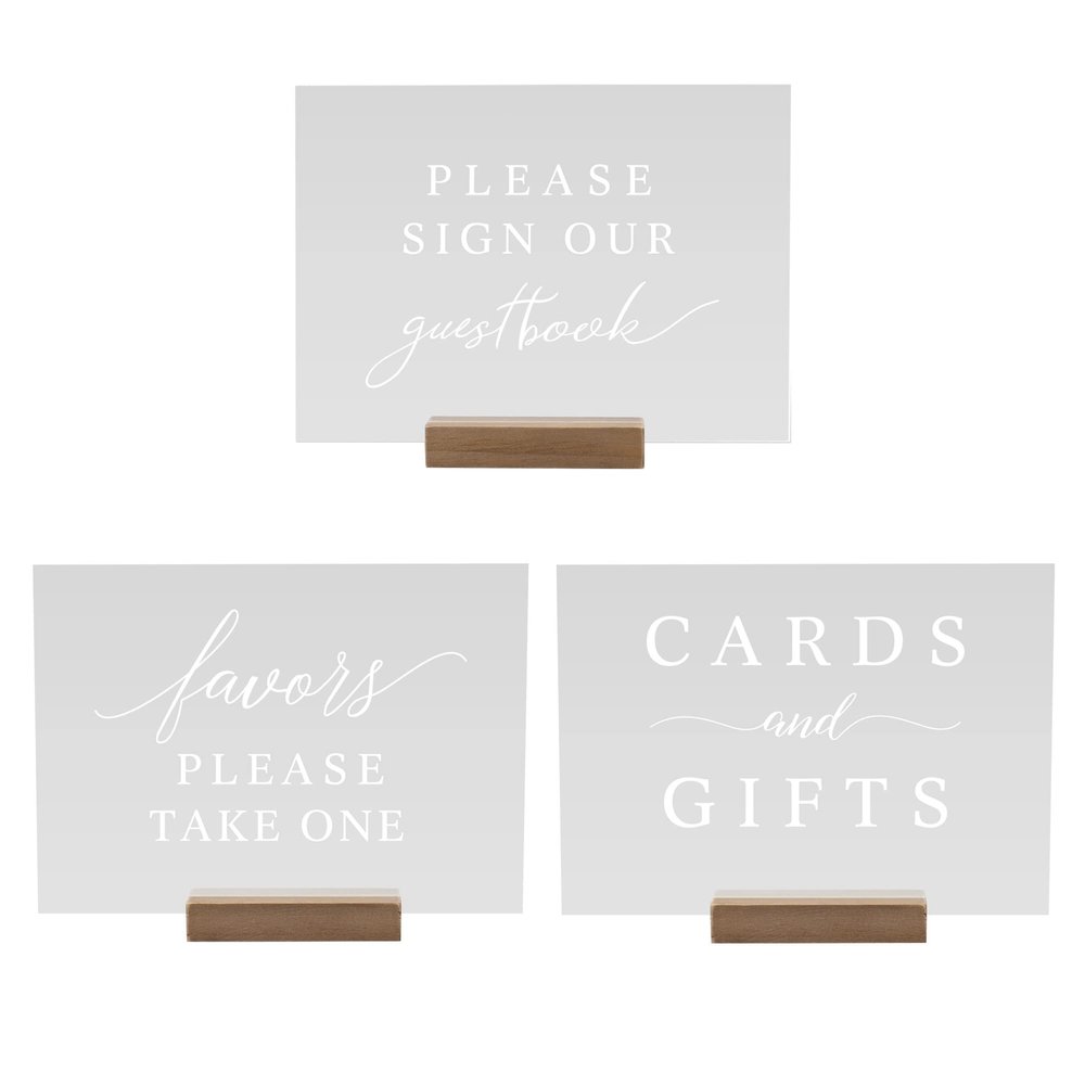 Hanna Roberts Set of 3 Wedding Reception, Ceremony, Party, Table Decoration Signs with Holder | Favors Please Take One | Please Sign Our Guestbook | Cards and Gifts (Clear, Walnut)