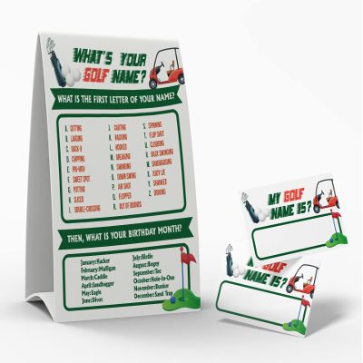 What's Your Golf Name Game, 1 Golf Theme Sign and 50 Name Tag Stickers, Baby Shower game cards, Birthday Game and Adult Parties, Activity Game for Office or Class | PTK025L