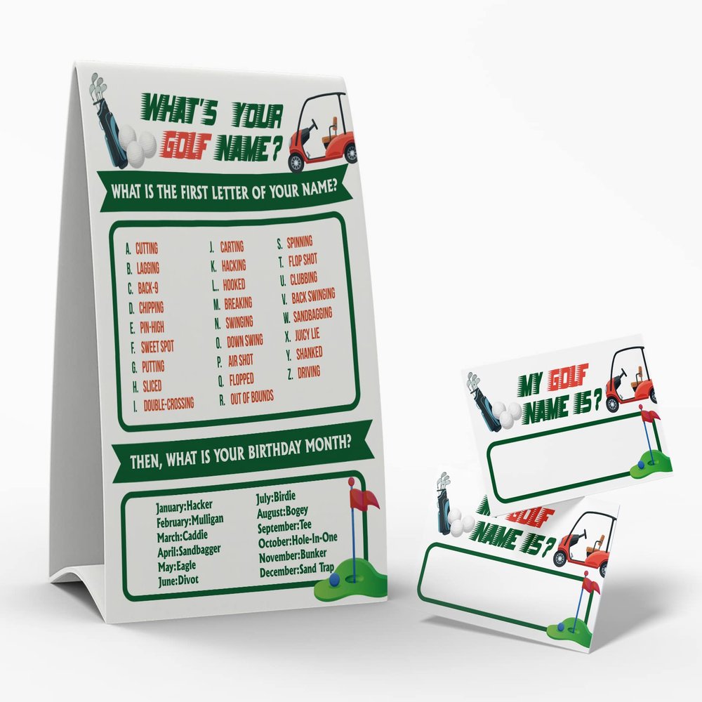 What's Your Golf Name Game, 1 Golf Theme Sign and 50 Name Tag Stickers, Baby Shower game cards, Birthday Game and Adult Parties, Activity Game for Office or Class | PTK025L