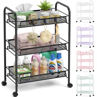 TOOLF 3-Tier Metal Rolling Cart, Mesh Wire Easy Assemble Utility Cart, Storage Trolley on Wheels with 3 Hooks, MetalStorage Shelving Units for Kitchen Bathroom Laundry Room