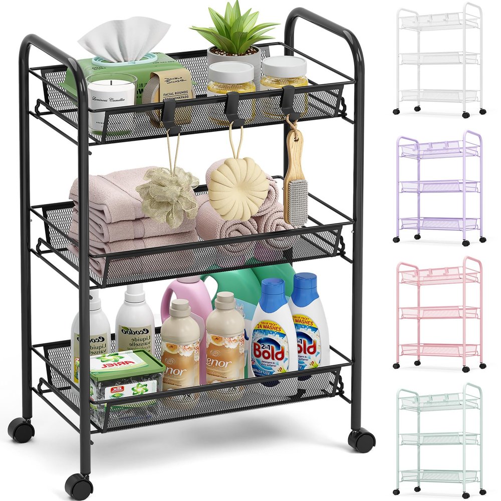 TOOLF 3-Tier Metal Rolling Cart, Mesh Wire Easy Assemble Utility Cart, Storage Trolley on Wheels with 3 Hooks, MetalStorage Shelving Units for Kitchen Bathroom Laundry Room