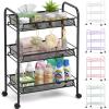 TOOLF 3-Tier Metal Rolling Cart, Mesh Wire Easy Assemble Utility Cart, Storage Trolley on Wheels with 3 Hooks, MetalStorage Shelving Units for Kitchen Bathroom Laundry Room view 1
