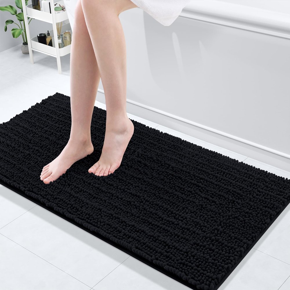 Arotive Luxury Bathroom Rugs 47x17, Extra Soft Thick Absorbent Shaggy Chenille Bath Rugs, Non-Slip Machine Wash Dry, Bath Mats for Bathroom Floor, Tub and Shower, Home Decor Accessories, Black