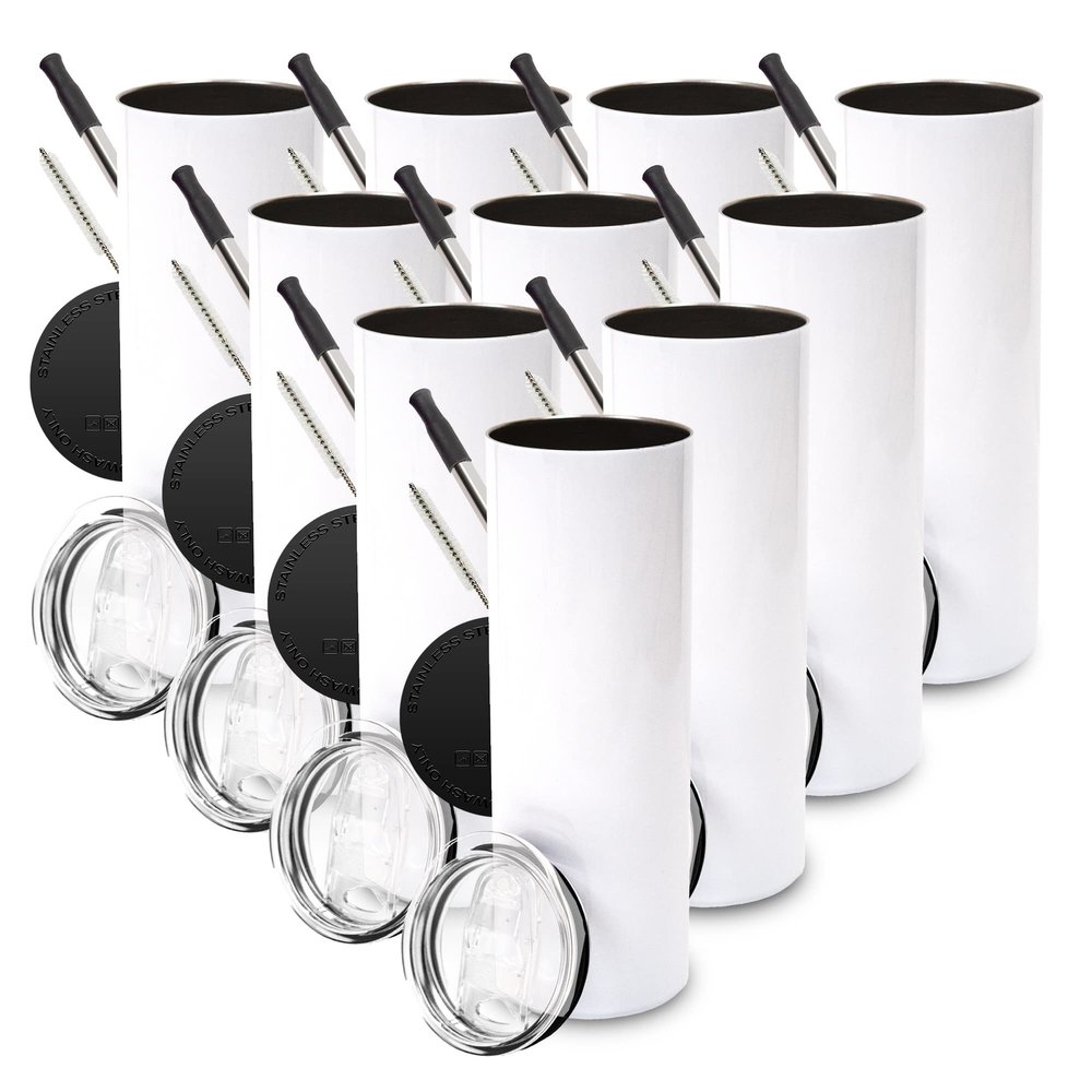 30oz Totally Straight Stainless Steel Sublimation Tumbler with Stainless Steel Straws and Reclosable Leakproof Lids - 10 PACK (Essentials Pack)