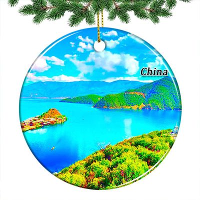China Lugu Lake Christmas Ornament 2022 Hanging Xmas Tree Pendant Decoration Double Sided Ceramic Souvenir Travel Gift 2.8 Inch
