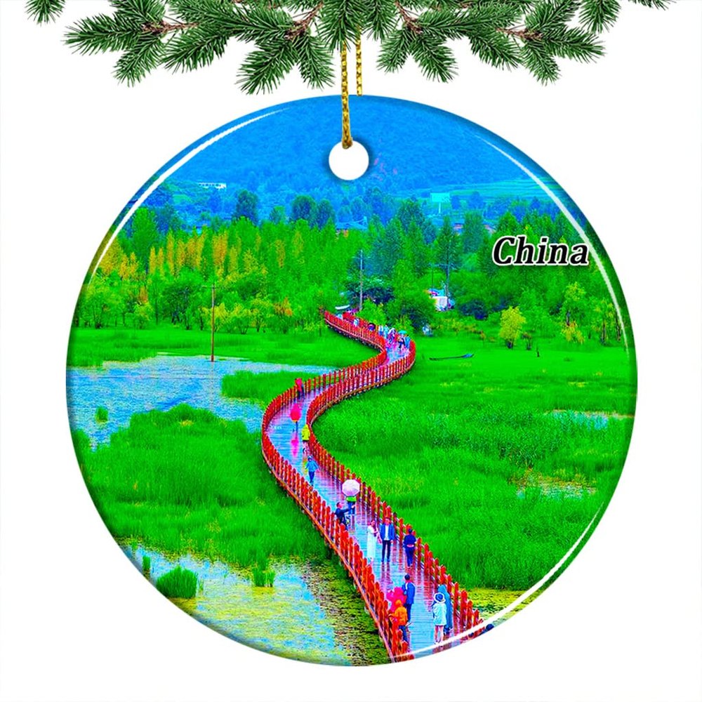 China Lugu Lake Christmas Ornament 2022 Hanging Xmas Tree Pendant Decoration Double Sided Ceramic Souvenir Travel Gift 2.8 Inch