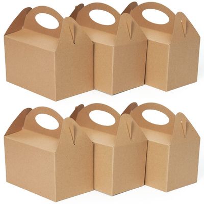 Happyhiram 25 CT Party Treat Boxes Kraft Brown, Candy Boxes with Handles 6" Gable Boxes DIY Party Favor Bags Goodie Boxes Snack Cardboard Box for Kids Birthday Party Supplies for Cookies and Ornament