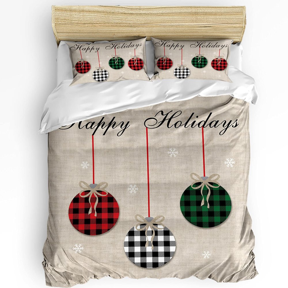 3 Piece Comforter Cover Set Twin, Happy Holidays Winter Snowflakes Christmas Lattice Balls Retro Style Duvet Cover Set Soft Bedding Set for Kids Teens Children Adults (1 Duvet Cover and 2 Pillowcases)